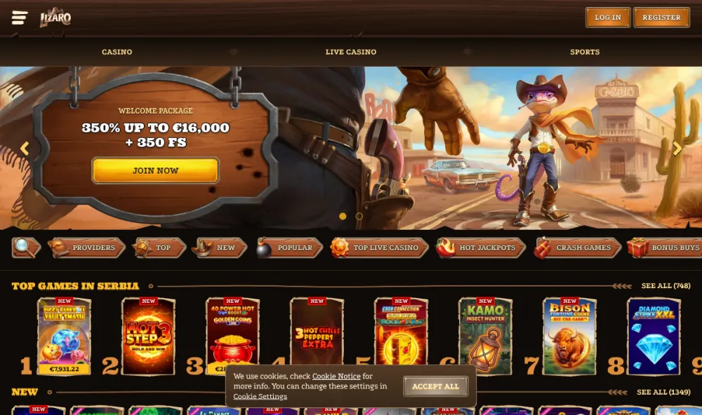 Lizaro casino homepage showing the 350% welcome package and the cowboy-lizard mascot